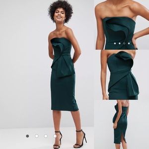 ASOS Bandeau Fold Bow Front Scuba Midi Dress in Emerald Green